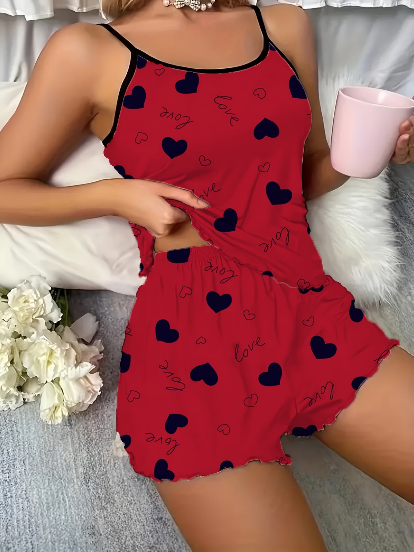 Women's Burgundy Heart Print Pajama Set with Spaghetti Strap Top and Shorts