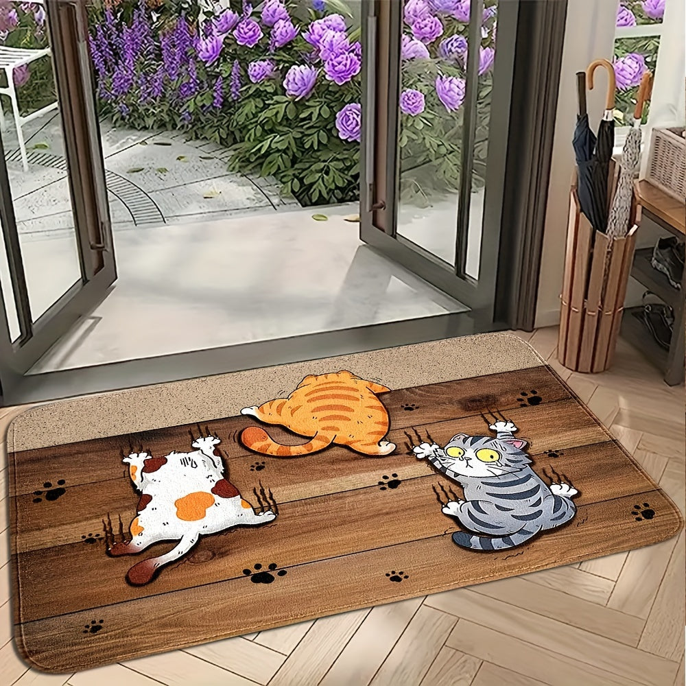 Cartoon Kitten Escape Door Mat Non-Slip Stain-Resistant Polyester Indoor Outdoor