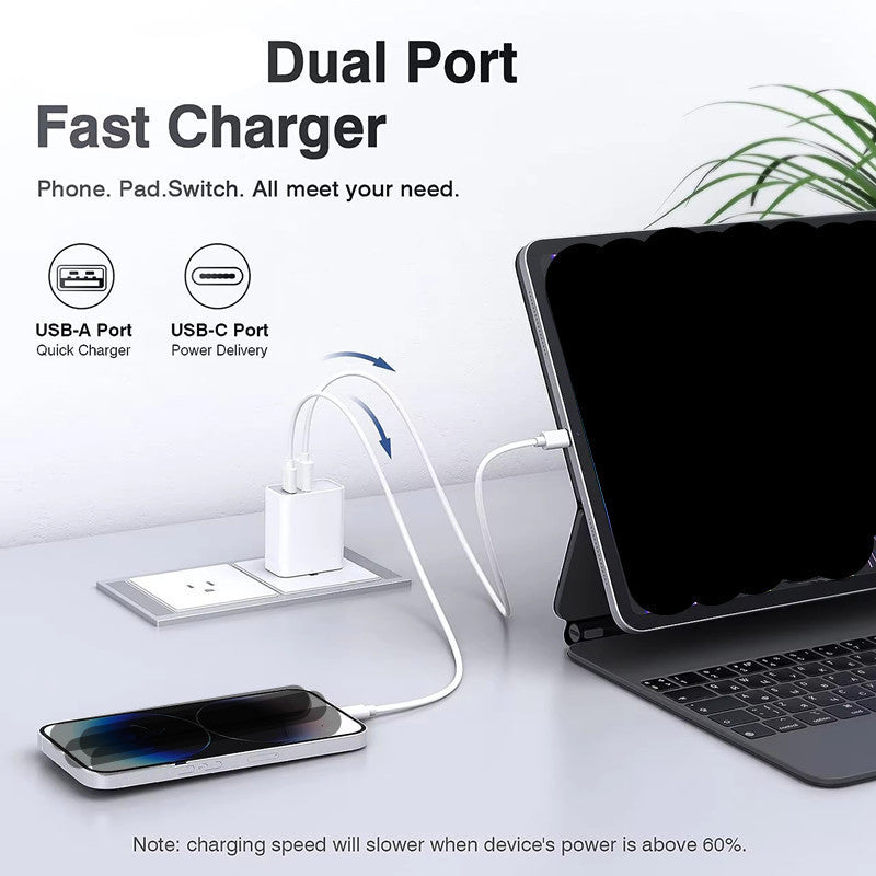 40W Dual Port USB-C Wall Charger with PD QC Fast Charging European Plug