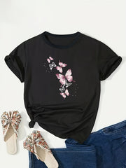 Plus Size Pink Butterfly Print T-Shirt for Women Crew Neck Short Sleeve Polyester Blend