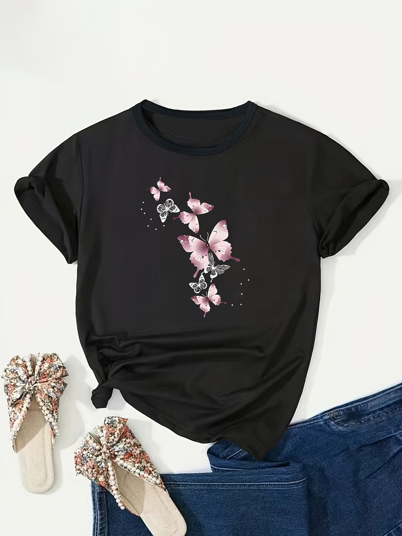 Plus Size Pink Butterfly Print T-Shirt for Women Crew Neck Short Sleeve Polyester Blend