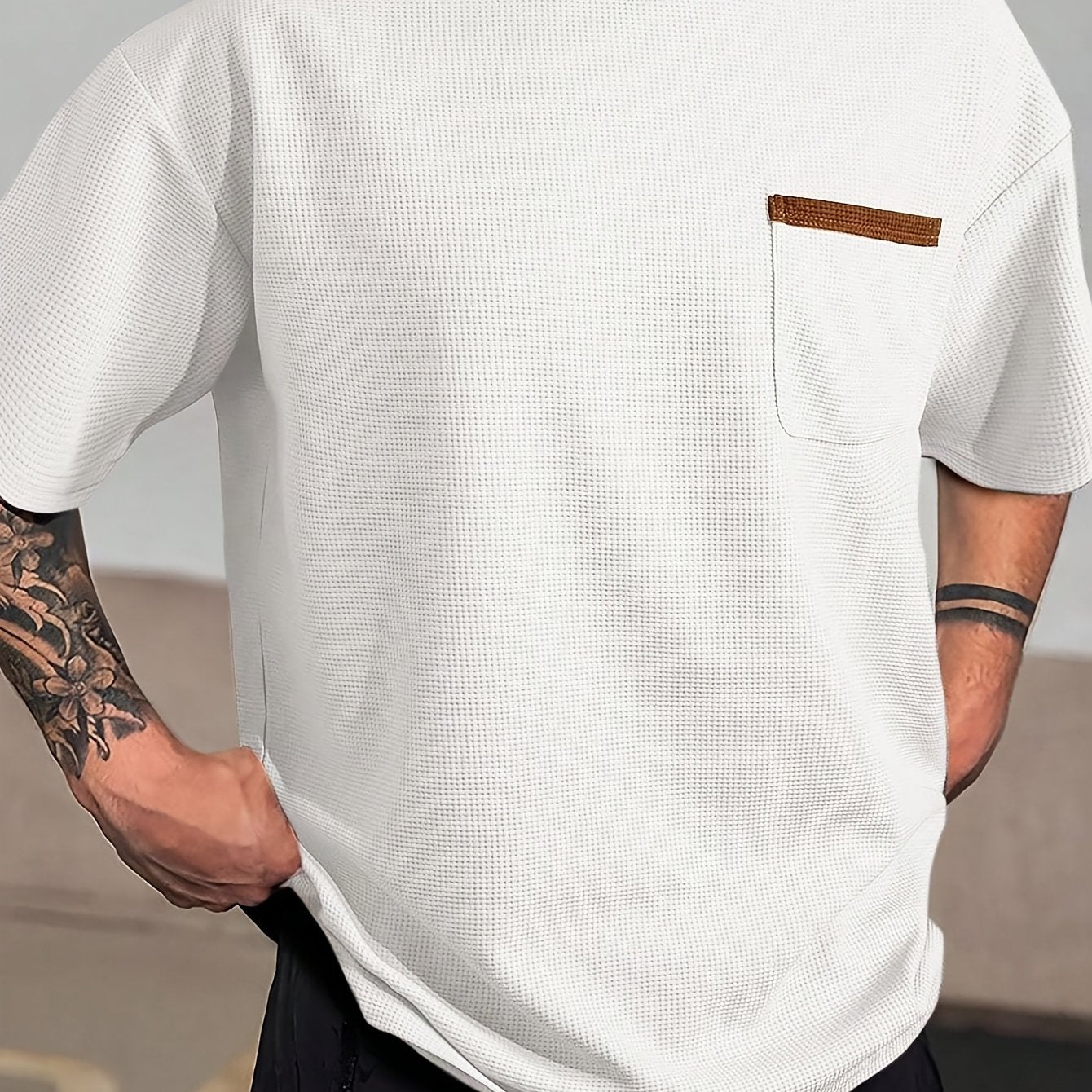 Мужская черная футболка из вафельной вязки, повседневная, с коротким рукавом, большой размер, полиэстер спандекс