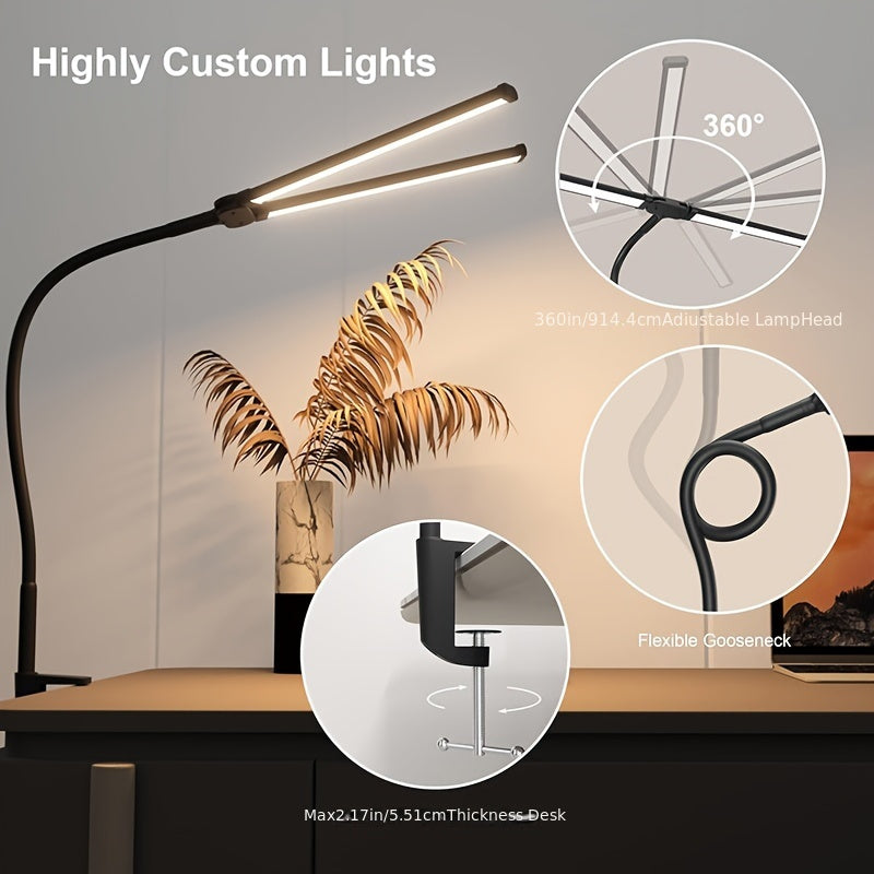 Home Office Desk Lamp with Double Head Clamp 15W LED Light 30 Lighting Modes Black