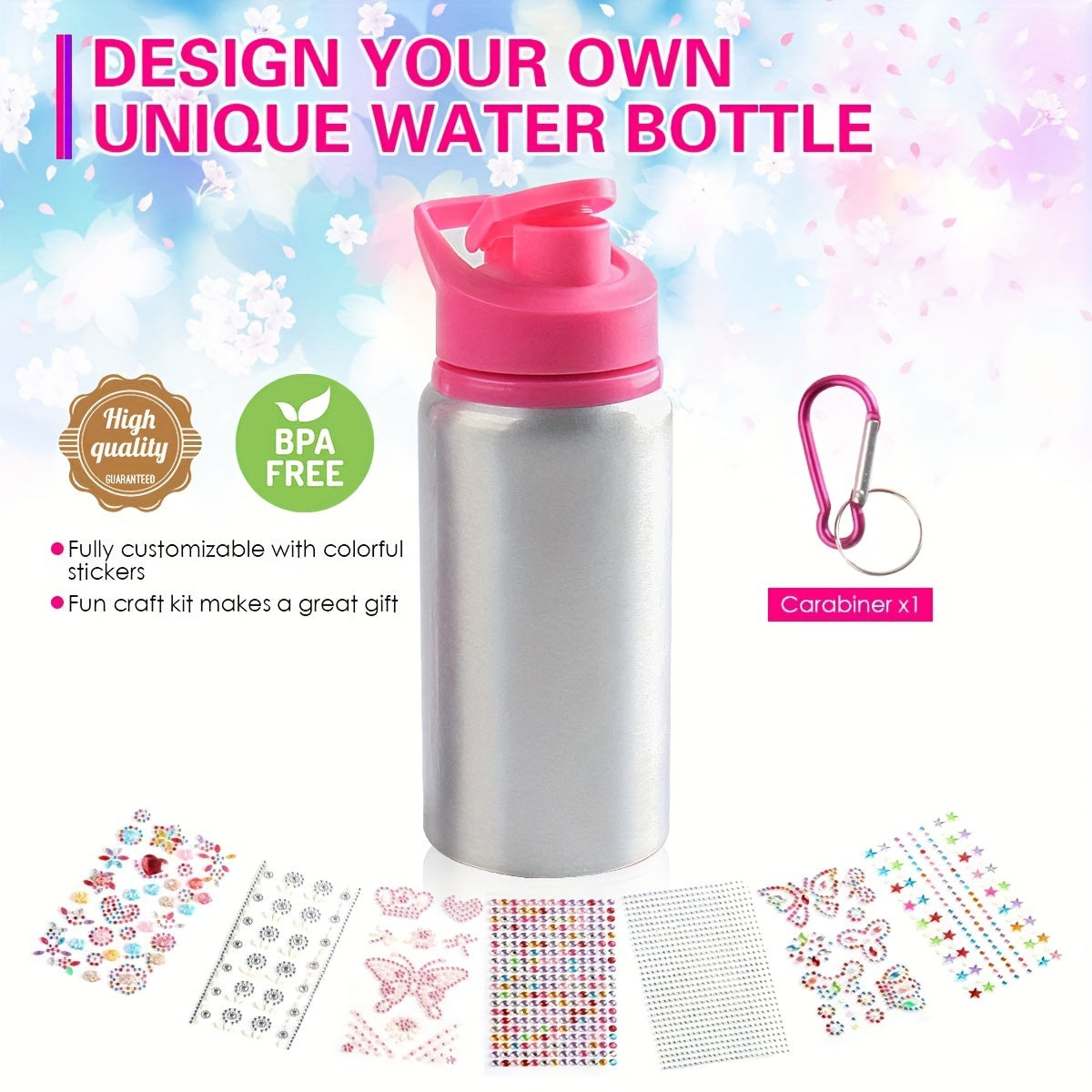 Reusable Water Bottle 20 Oz with Rhinestones and Glitter Personalizable BPA-Free