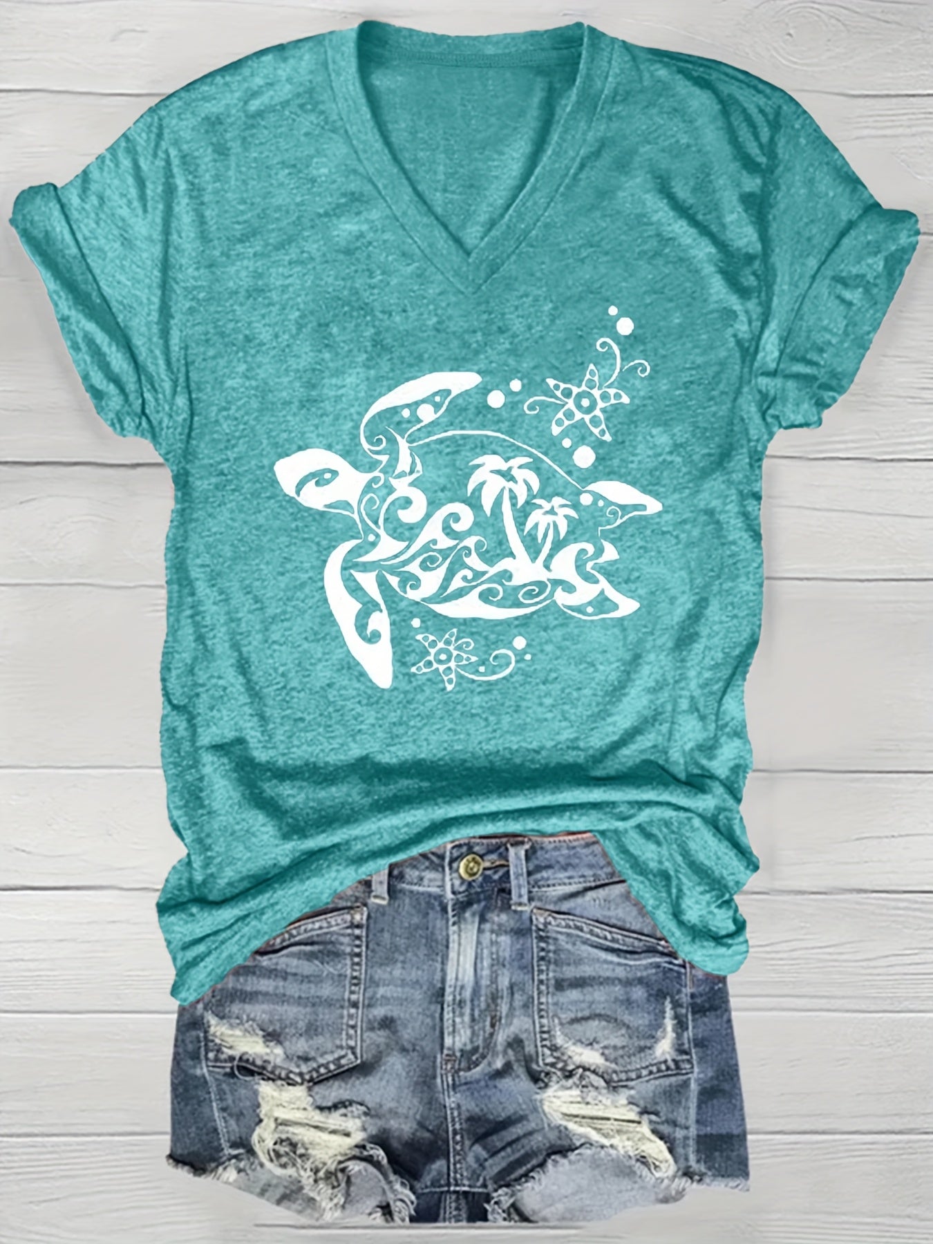 Women's V-Neck Short Sleeve T-Shirt Lightweight Polyester Summer Teal Geometric