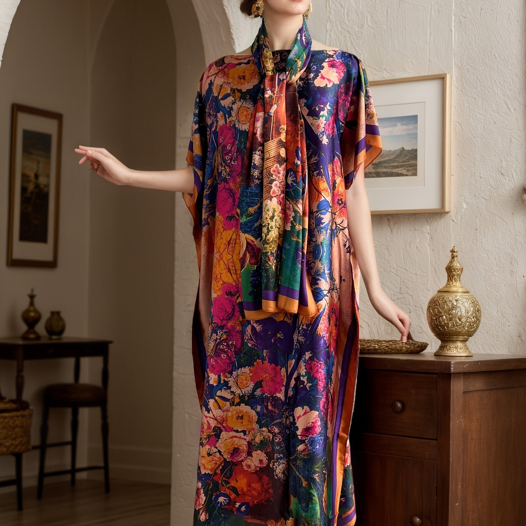 Women's Plus Size Floral Print Batwing Sleeve Maxi Dress Polyester Casual Party Wear