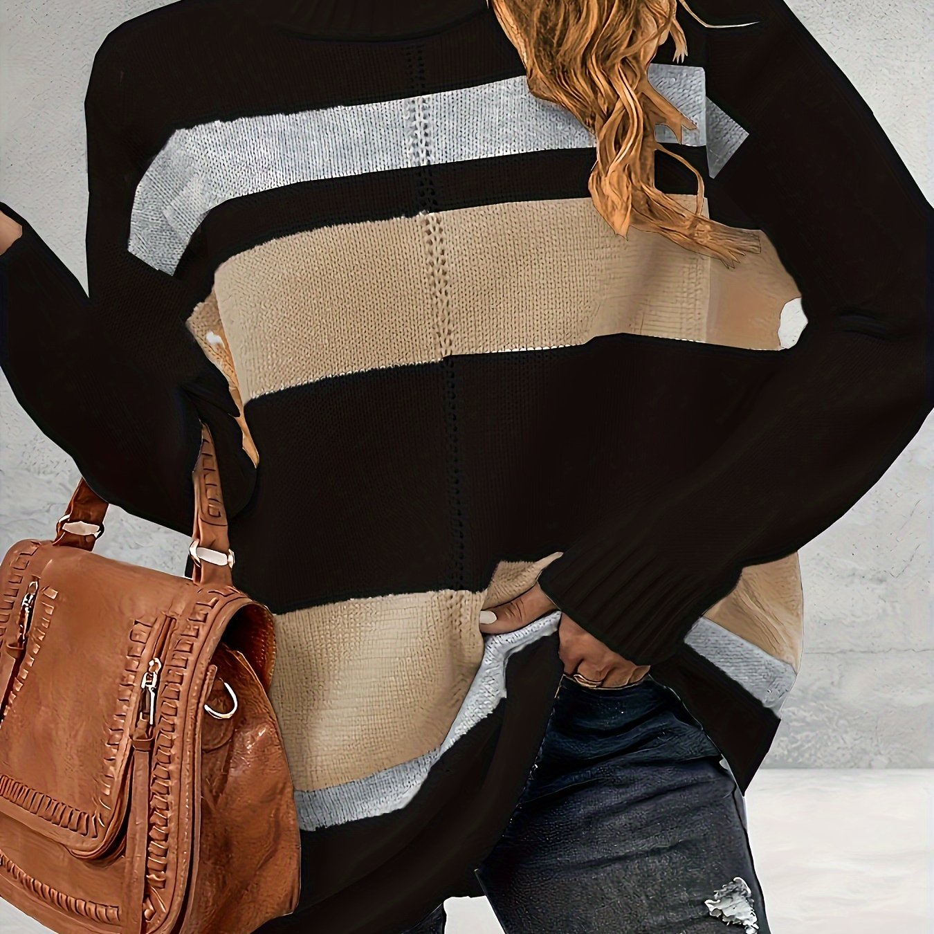 Women's Turtleneck Sweater Long Sleeve Loose Fit Striped Pullover Beige Black Fall Winter