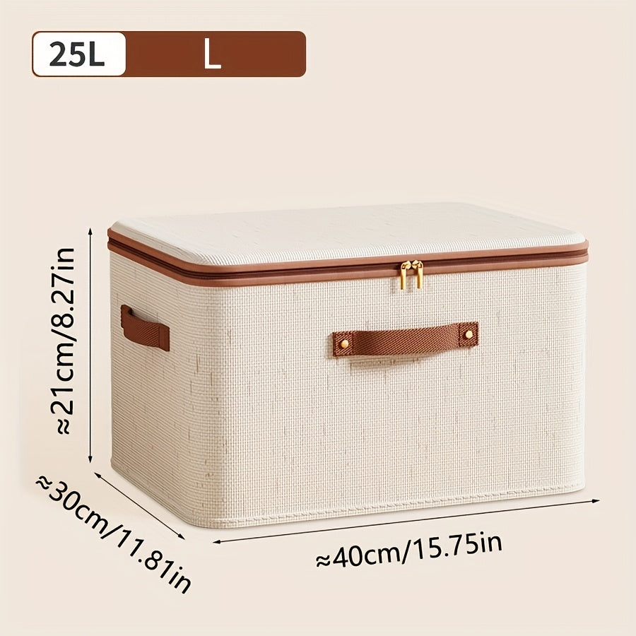 Foldable Linen Zipper Storage Box with Lid for Clothes and Home Organization