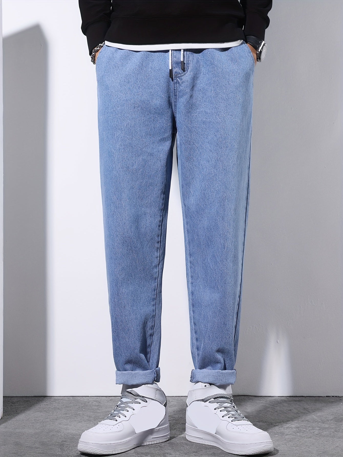 Men's Denim Pants Regular Fit Solid Wash Cotton Blend Casual Drawstring Waist