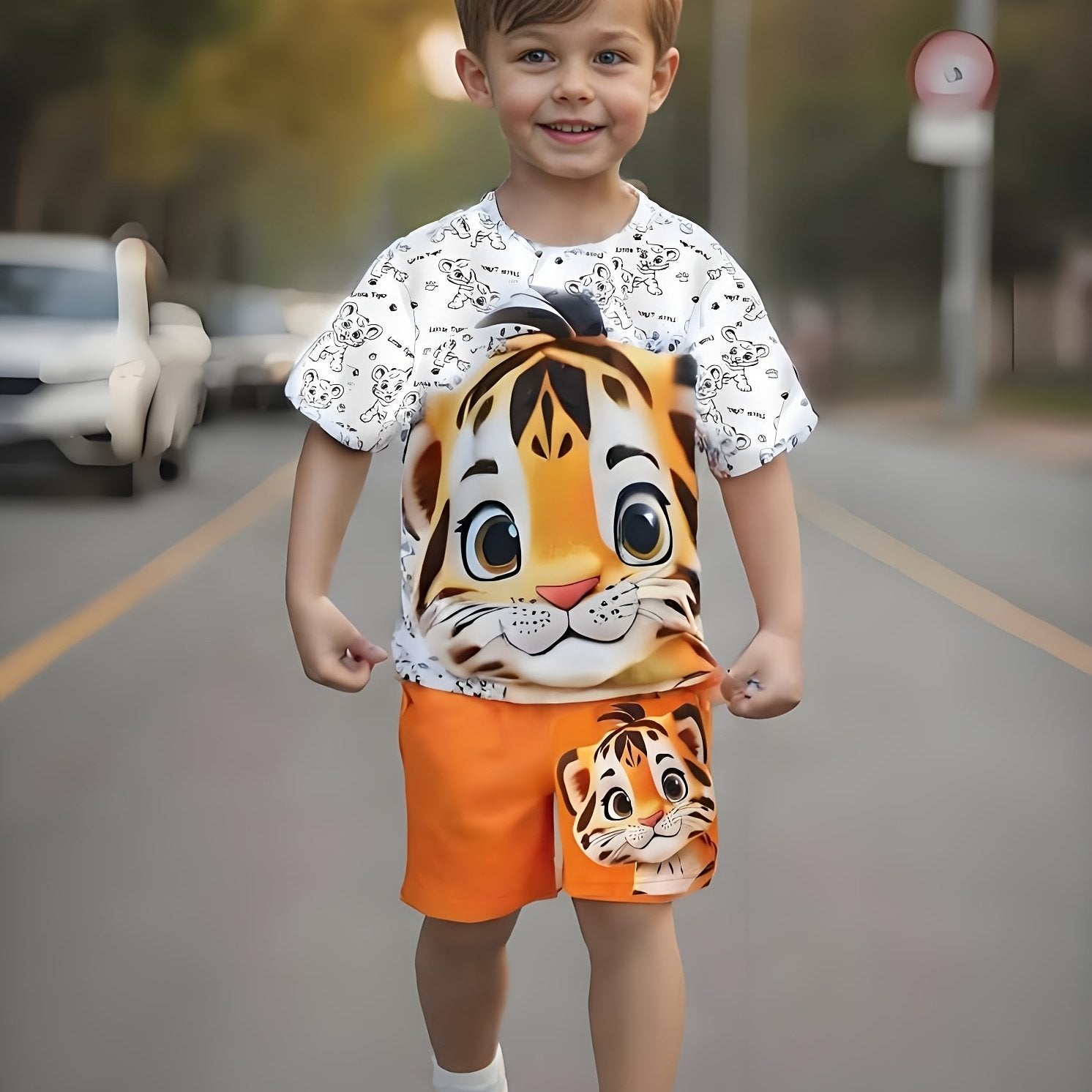 Boys Tiger Print Casual Outfit Set Short Sleeve T-Shirt and Shorts Summer Kids Clothing