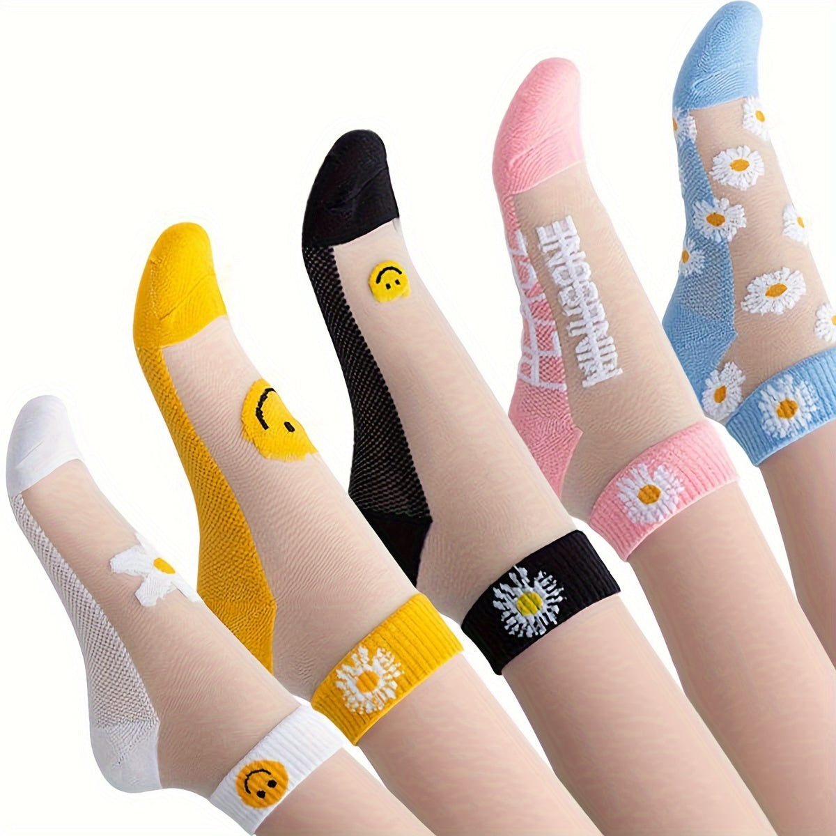 Women's Short Socks 5 Pairs Breathable Cotton Polyester Elastane Daisy Pattern