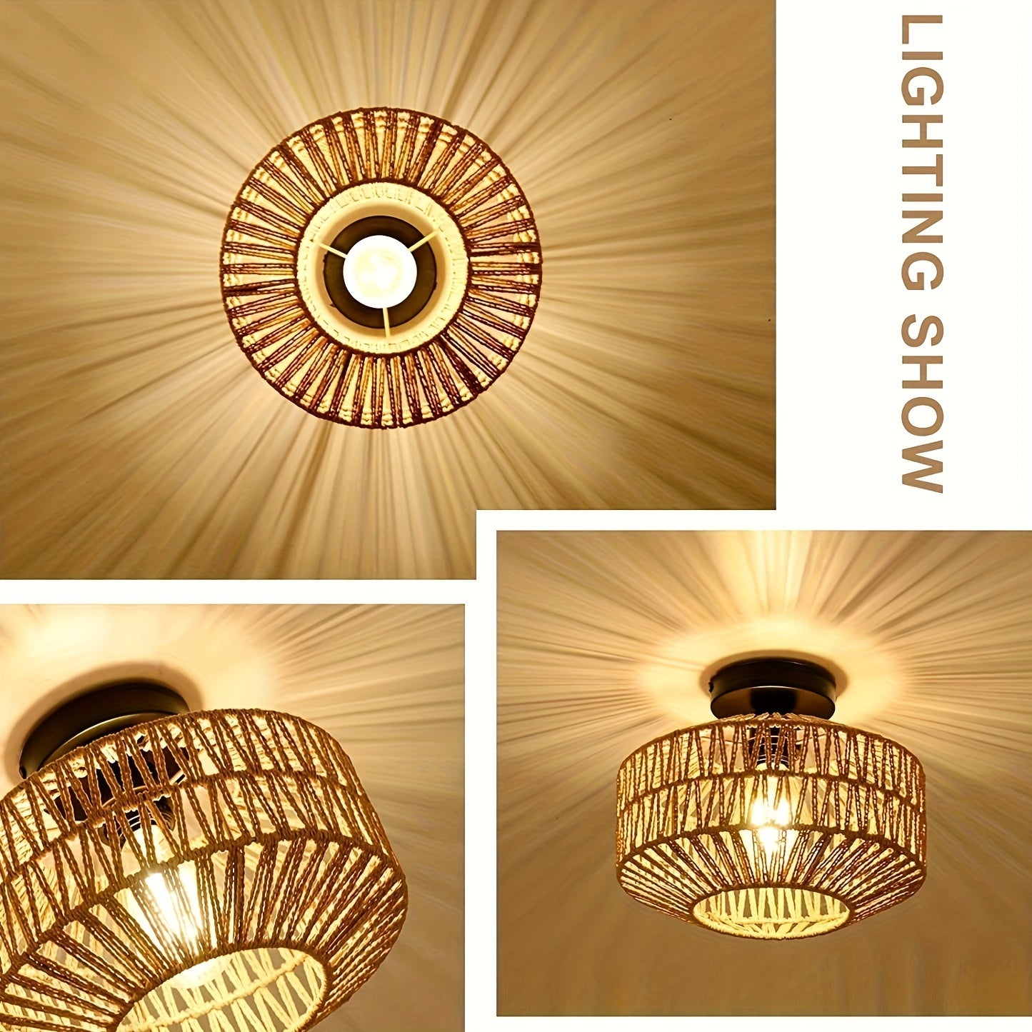 Bohemian Rattan Semi-Flush Mount Ceiling Light Fixture with Modern Metal Frame