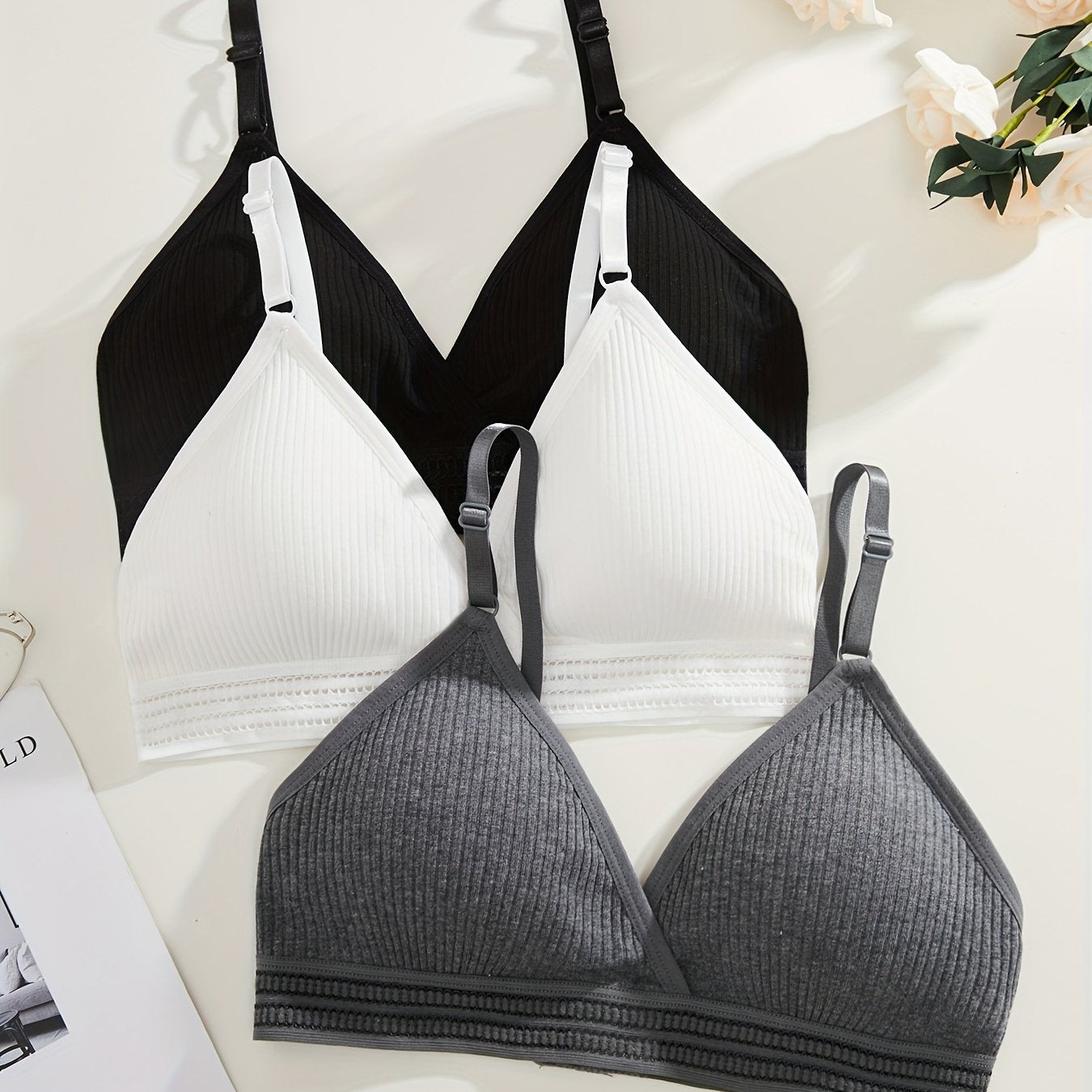 Women's Soft Ribbed Bra Set with Removable Pads in Black White Gray