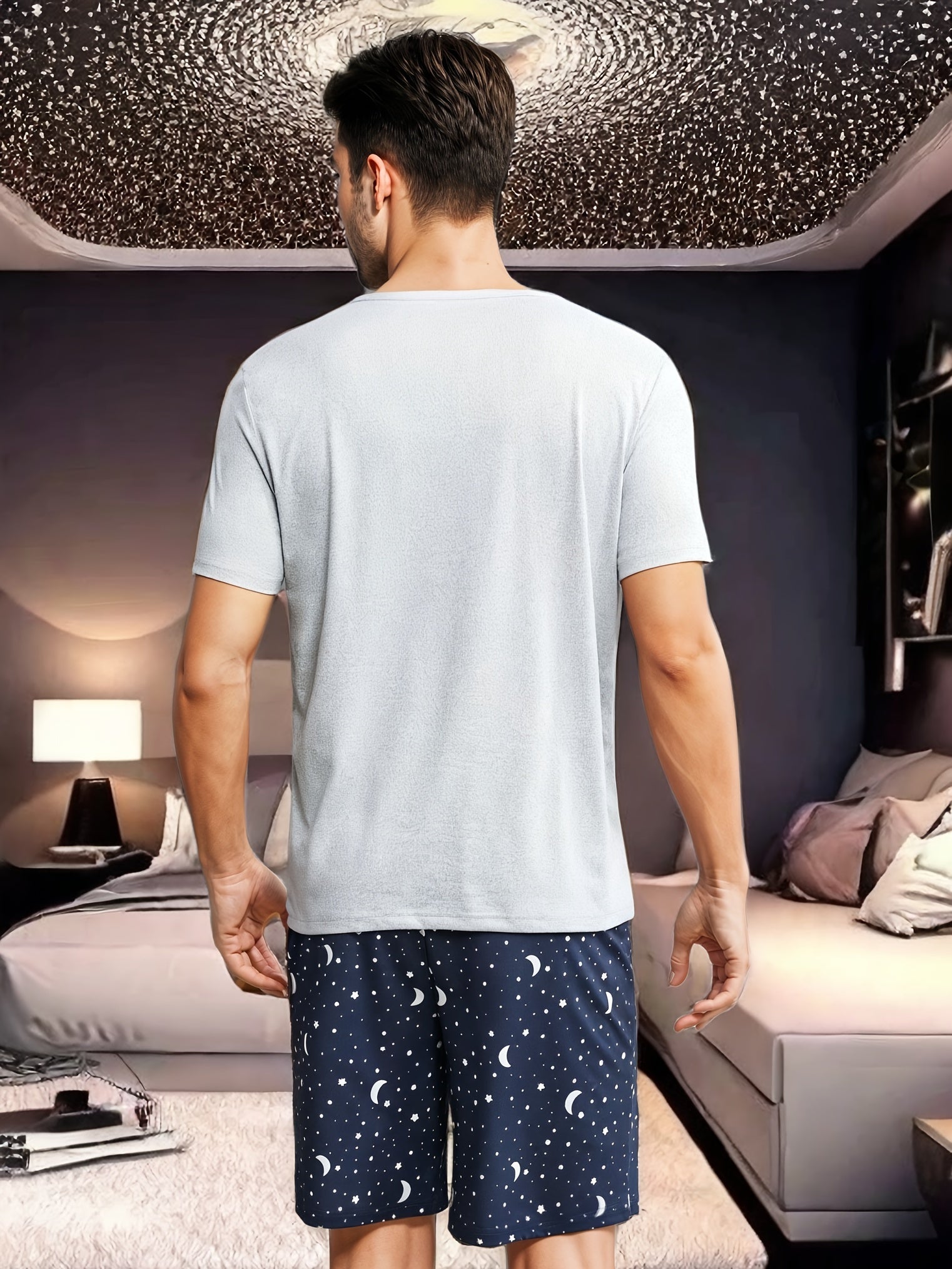 Men's Moon and Slogan Graphic Tee and Galaxy Print Pajama Set Polyester Crew Neck Regular Fit