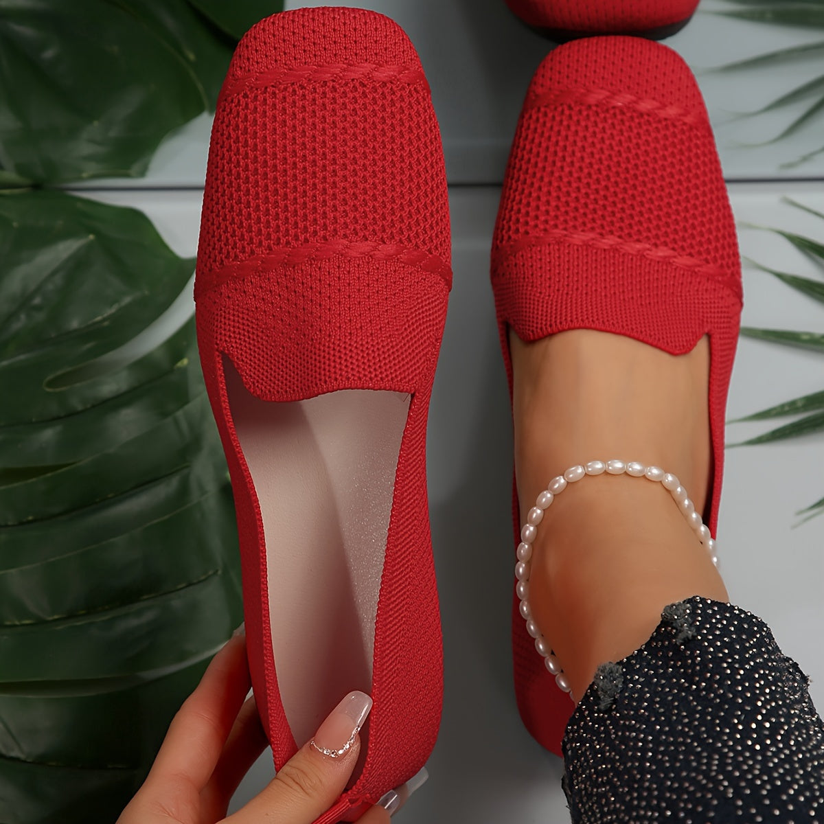 Zapatos de mujer sin cordones con tela de punto transpirable, ligeros, punta cuadrada, para todas las estaciones, ballet