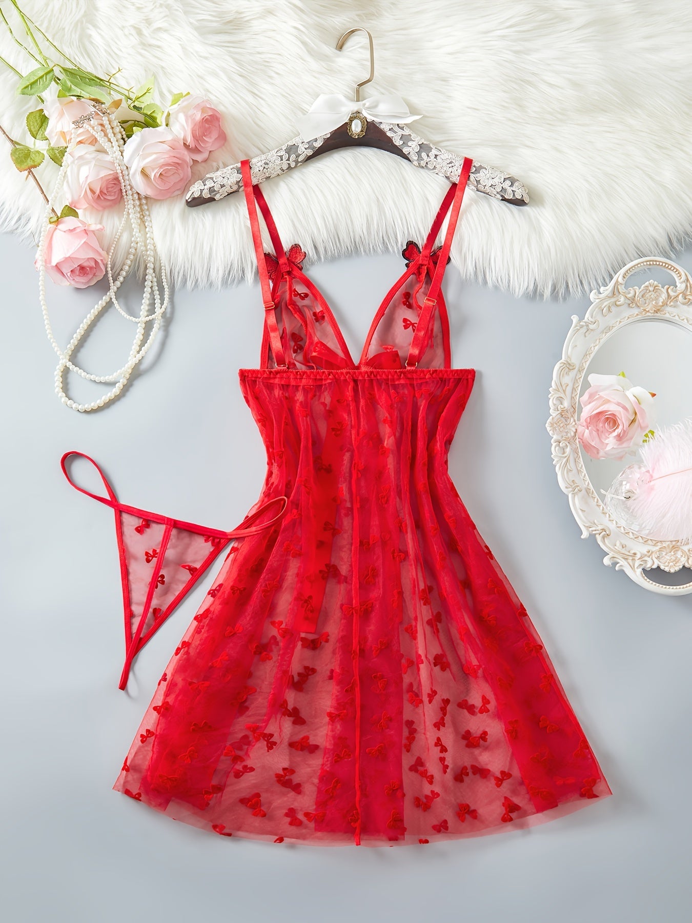 Red Mesh Lingerie Set for Women with Butterfly Pattern Babydoll and Bow Detail