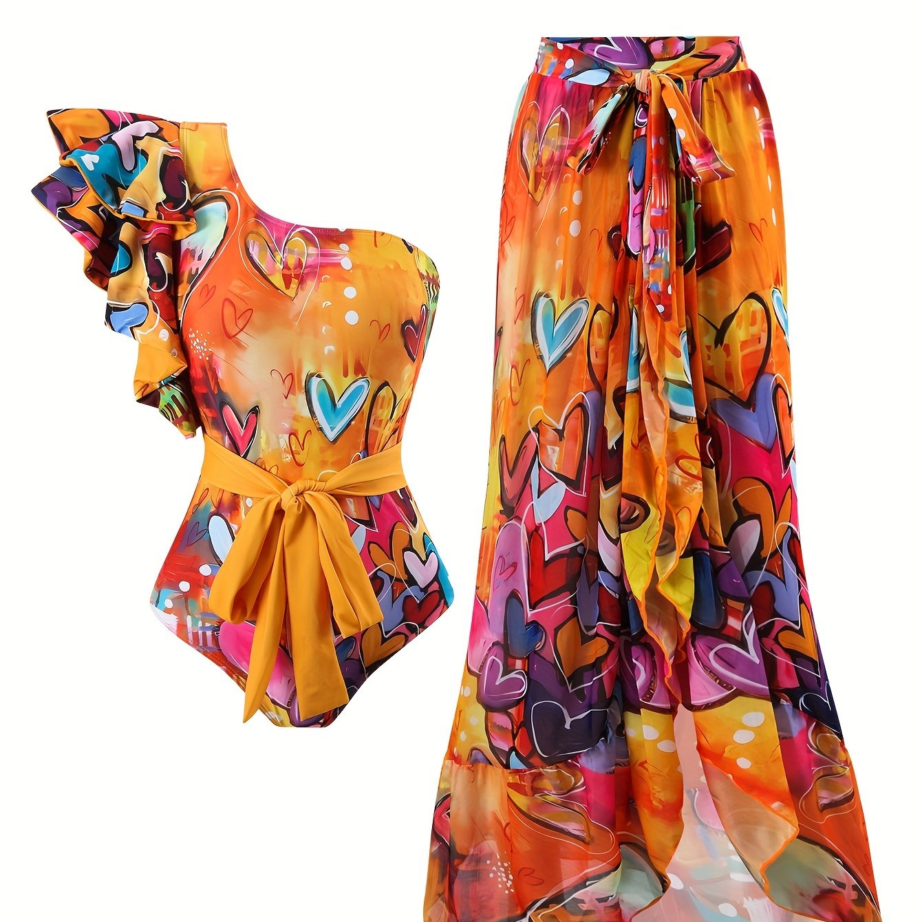 Women's Floral One-Shoulder Swimsuit Set with Blue Leaf Print High-Waisted Bottoms Ruffled Top Polyester Spandex