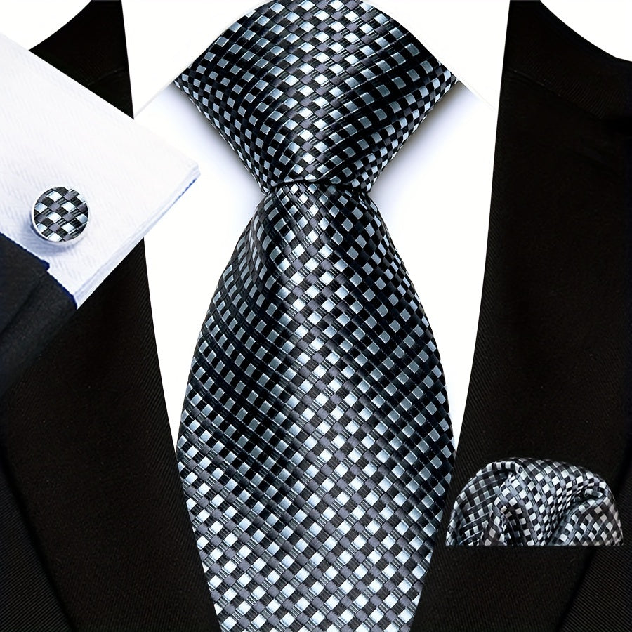Men's Plaid Pattern Tie Pocket Scarf Cuff Set for Suits Gift