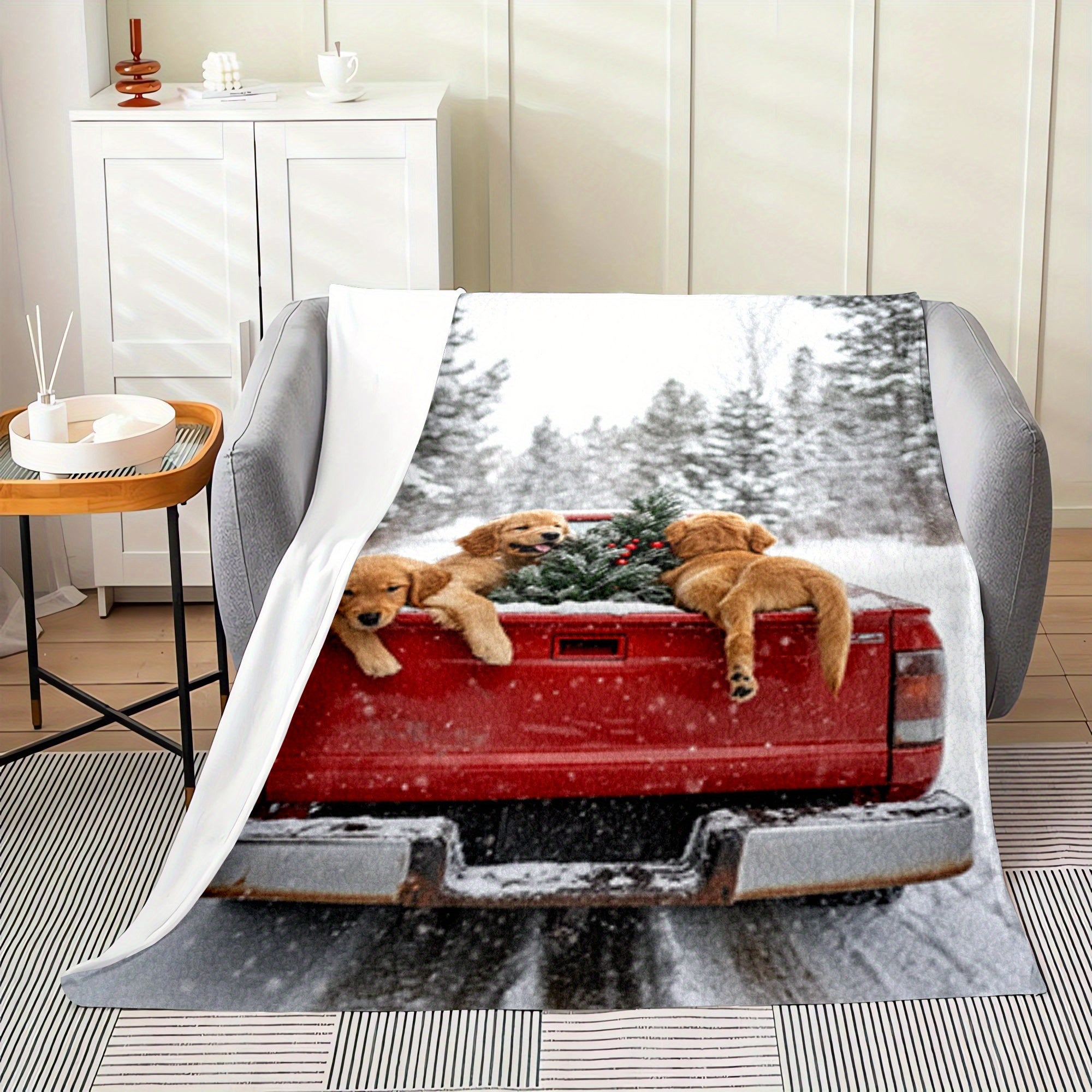 Flannel Fleece Throw Blanket with Cartoon Golden Retrievers and Red Truck Winter Theme Hypoallergenic Quilted Gift