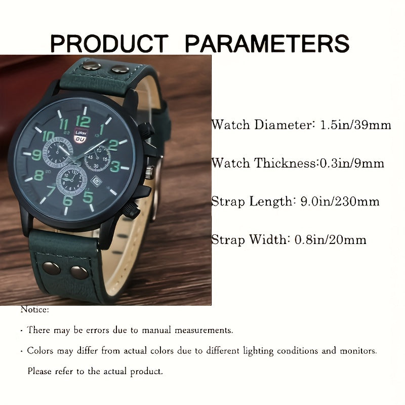 Men's Quartz Watch and Bracelets Set with Round Calendar Dial and Leather Straps