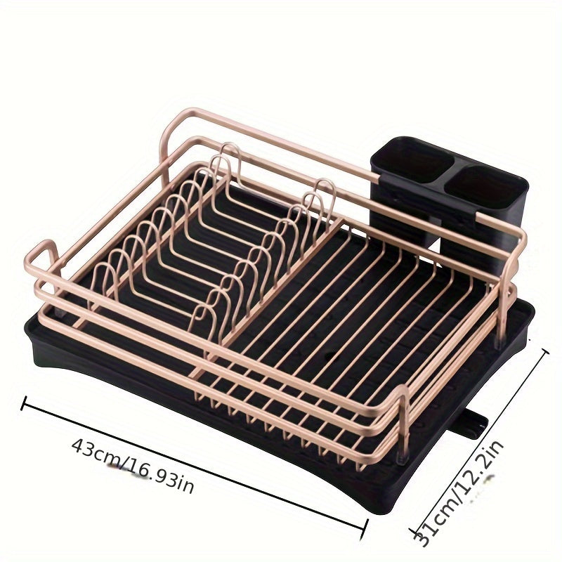 Aluminum Dish Drying Rack with Cutlery Holder Drip Tray Kitchen Organizer