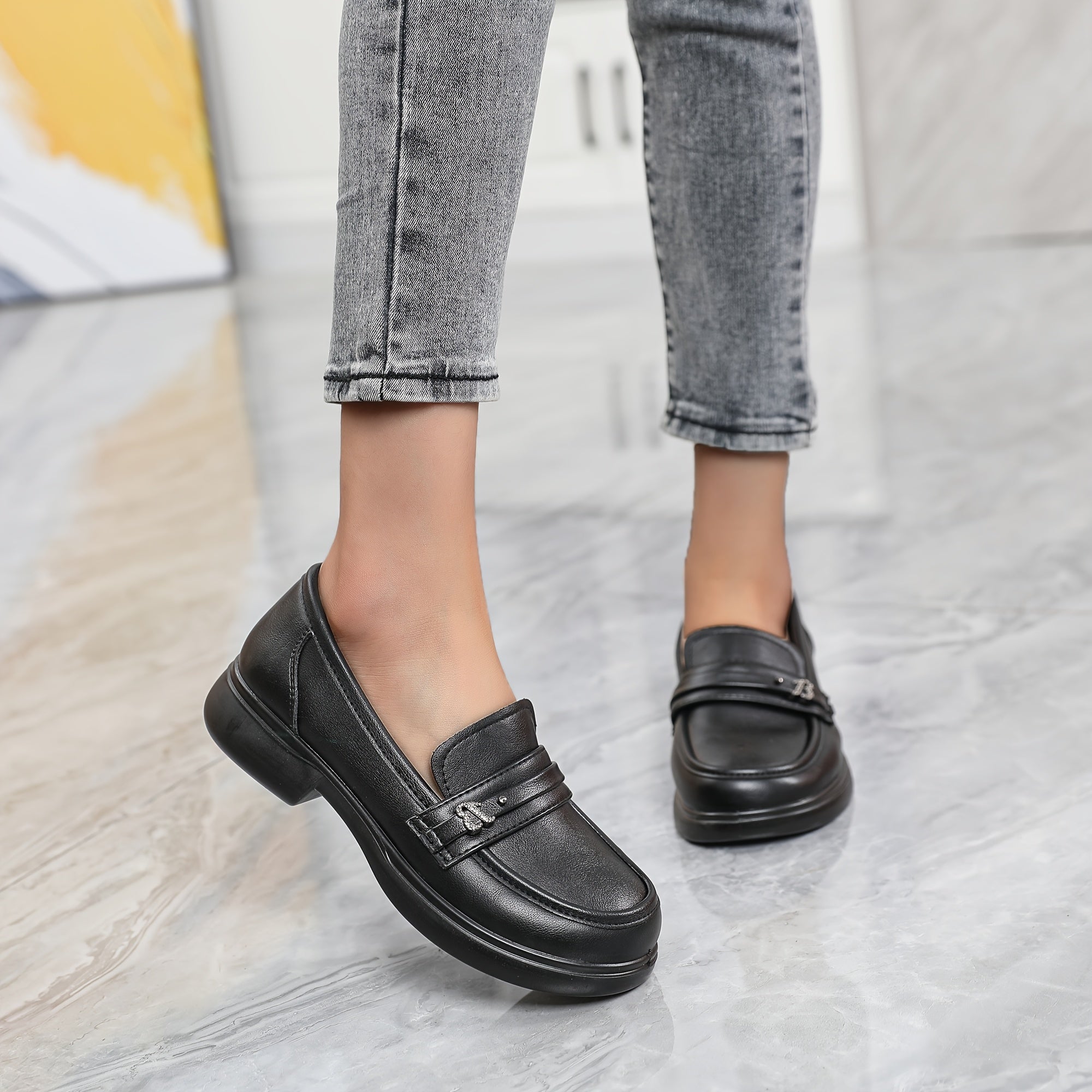 Women's Black Faux Leather Slip-On Loafers with Thick Sole
