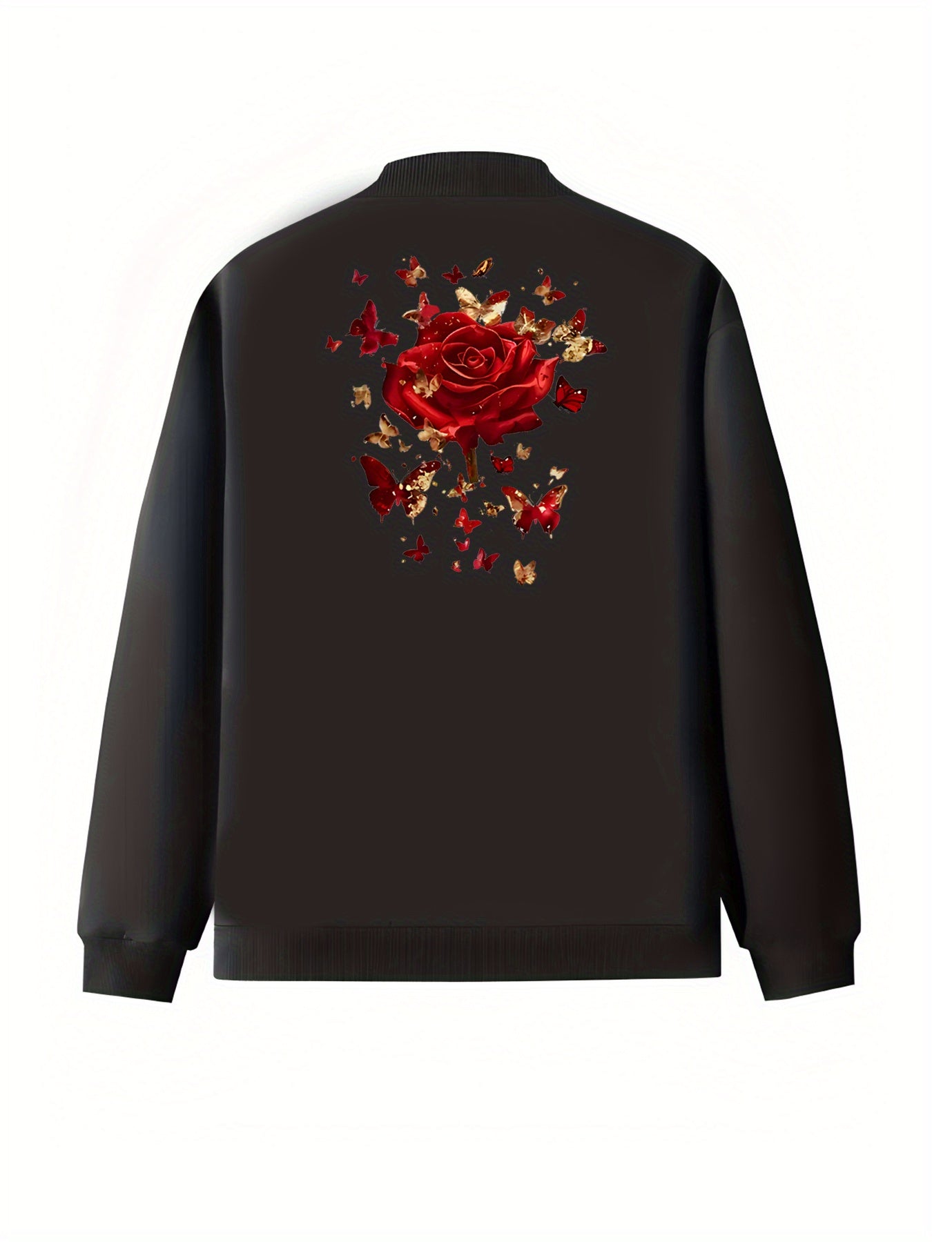 Women's Plus Size Floral Print Bomber Jacket Long Sleeve Zip-Up Black Red Roses Butterflies