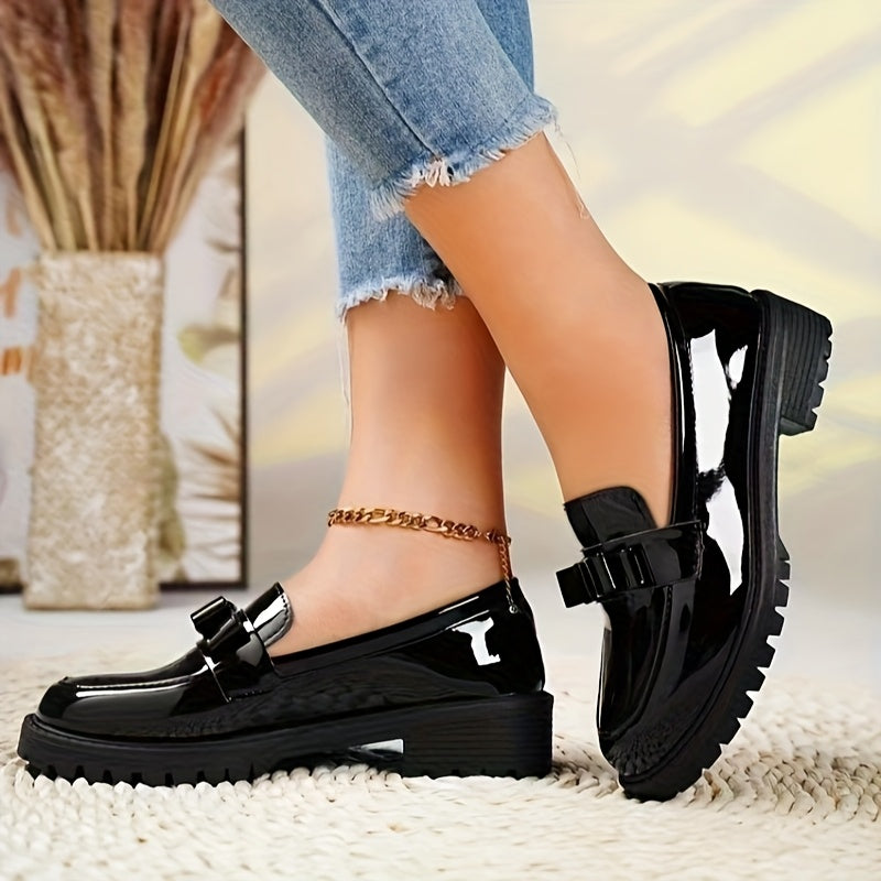 Women's Synthetic Glossy Bow Mid-Heel Retro Loafers Casual Slip-On Shoes