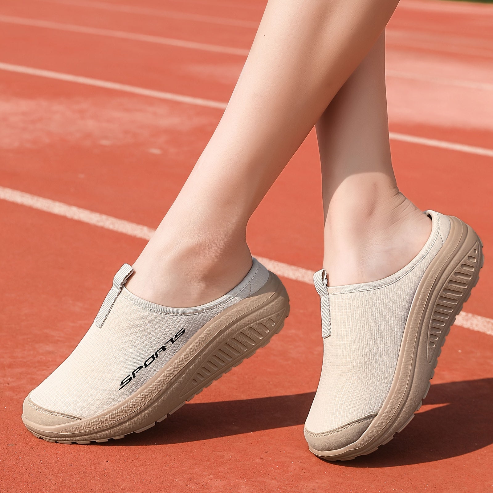 Breathable Knit Slip-On Sneakers for All Seasons with EVA Rocker Sole Beige Low Top Casual Footwear