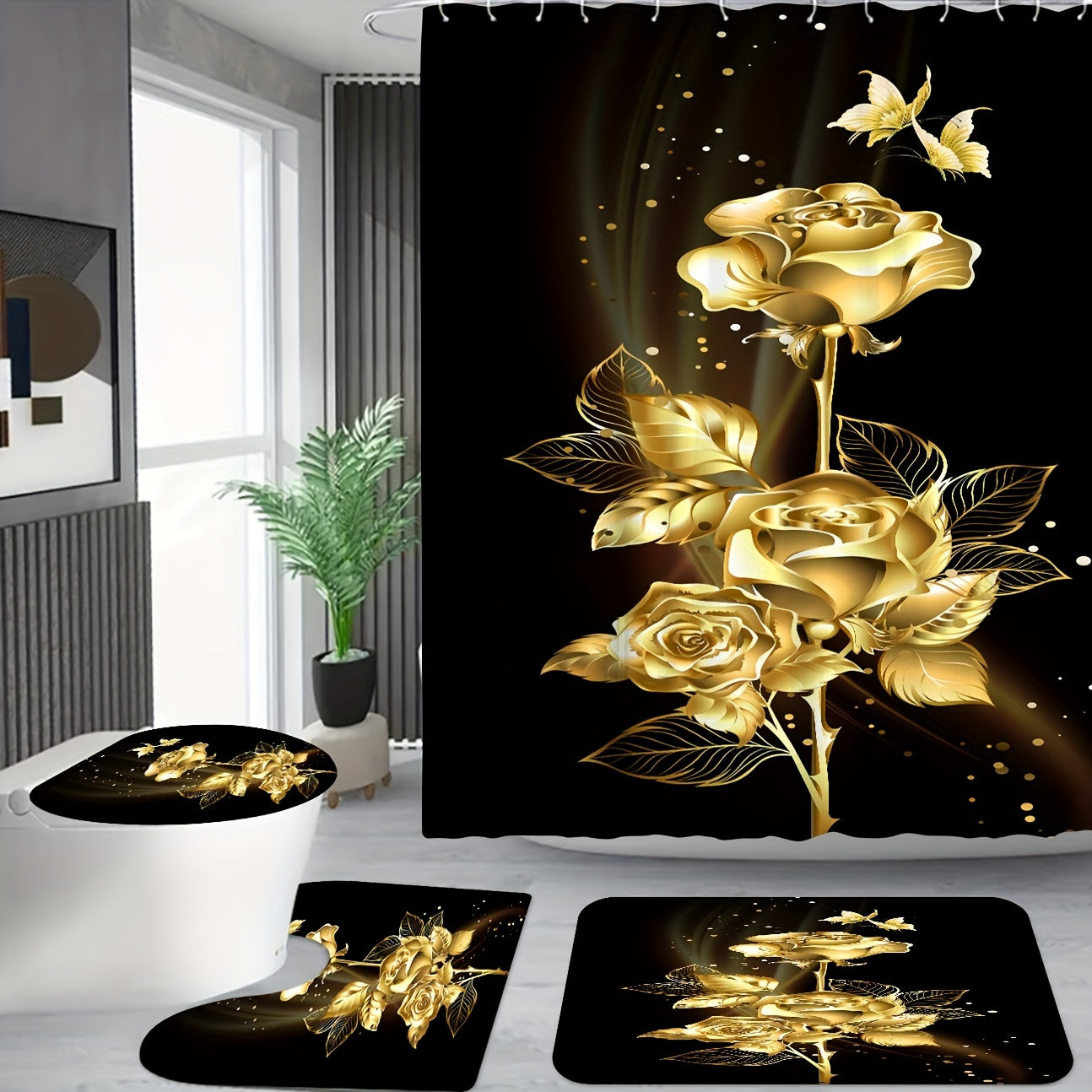 Black and Gold Bathroom Shower Curtain Set with Toilet Accessories