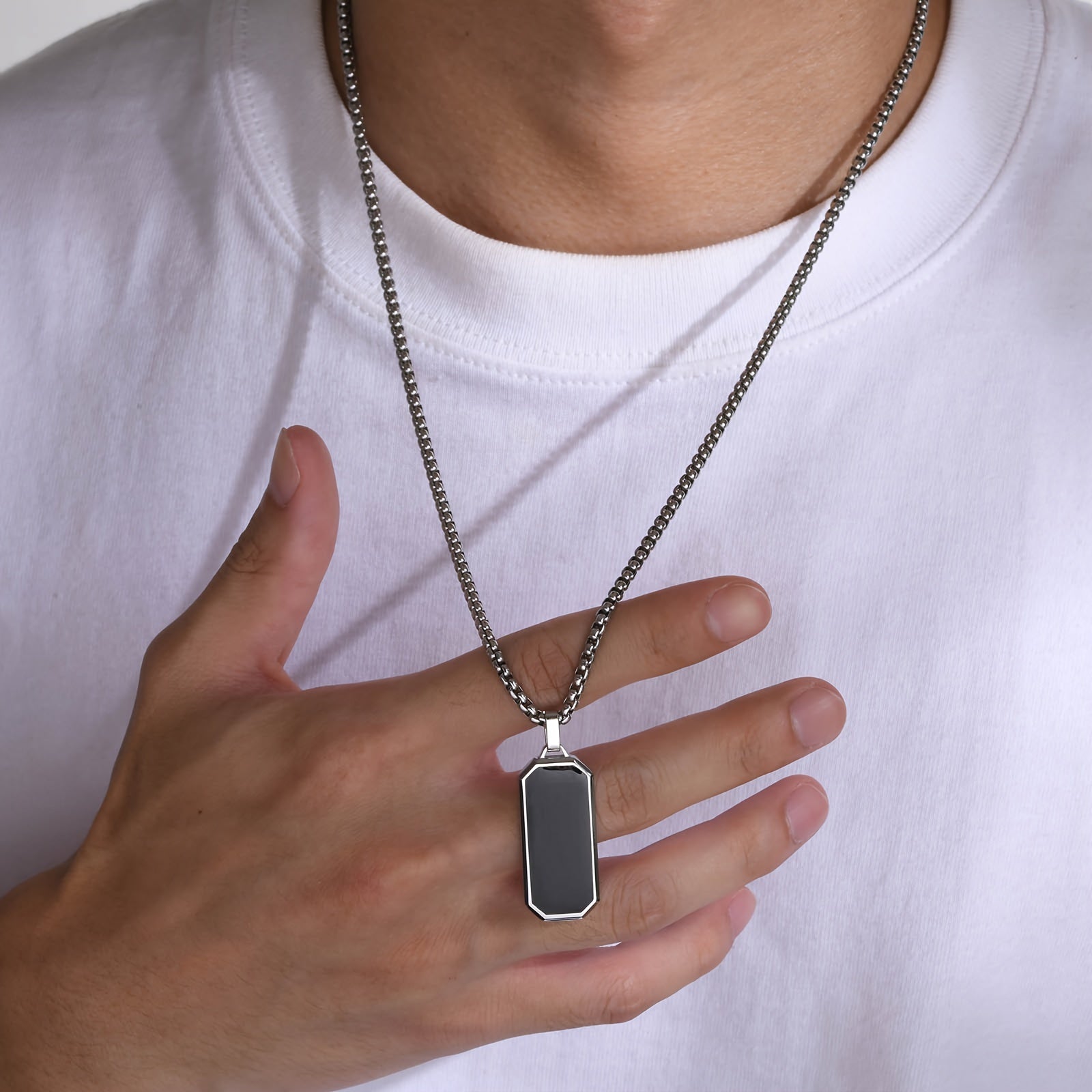 Men's Stainless Steel Necklace with Black Enamel Geometric Pendant