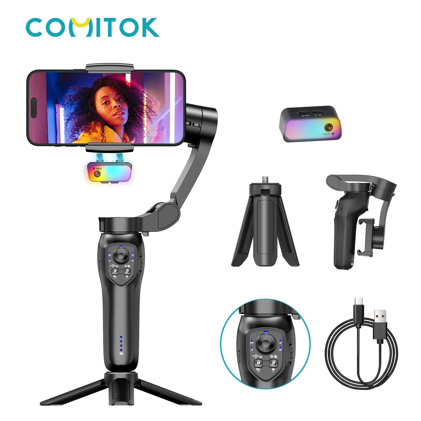 3-Axis Smartphone Stabilizer with RGB Lighting Face Tracking Wireless Rechargeable Video Gimbal
