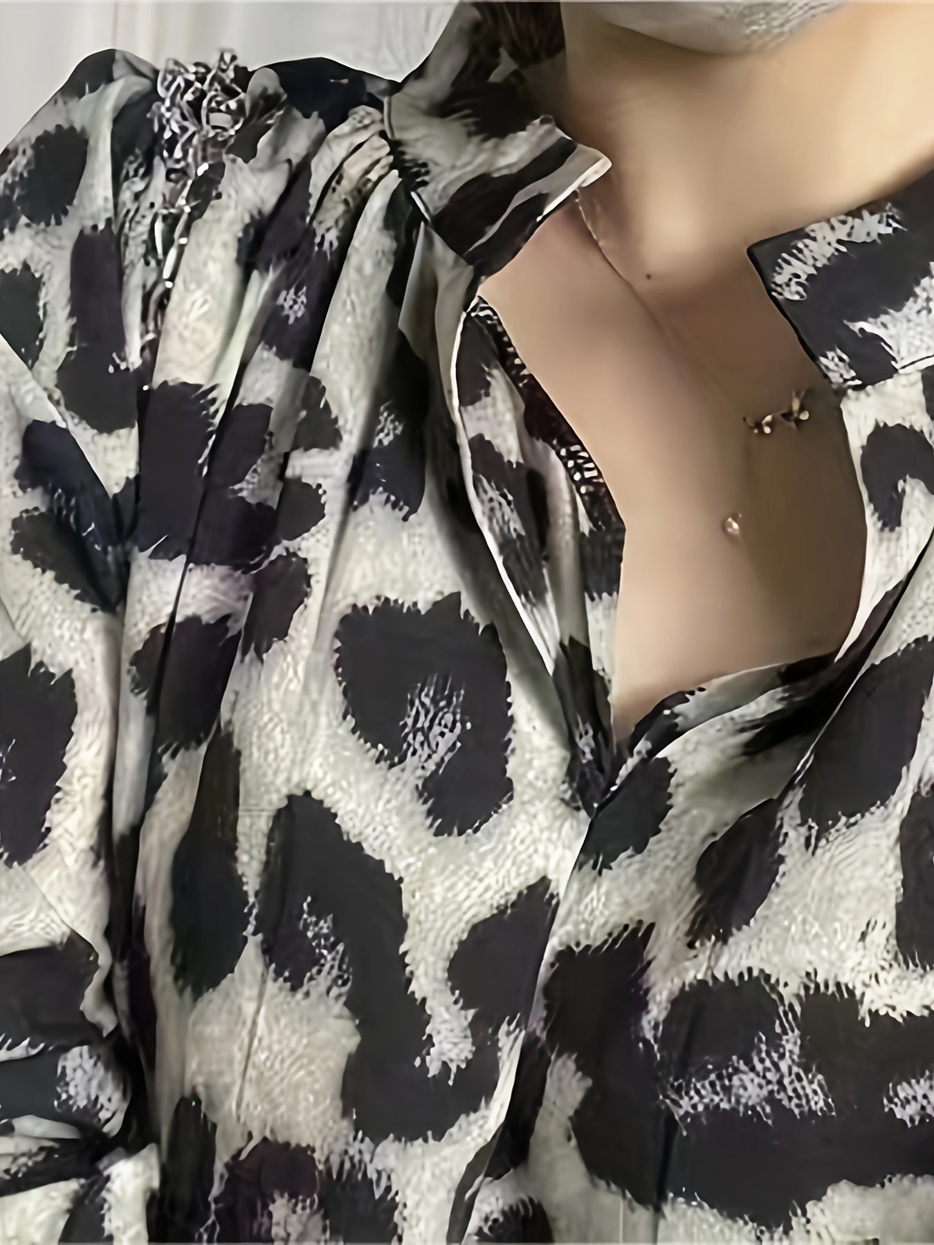 Leopard Print Notched Neck Dress with Lantern Sleeves for Women