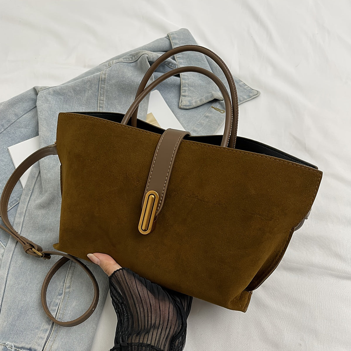 Vintage Suede Leather Tote Bag with Adjustable Shoulder Strap and Turn Lock Closure