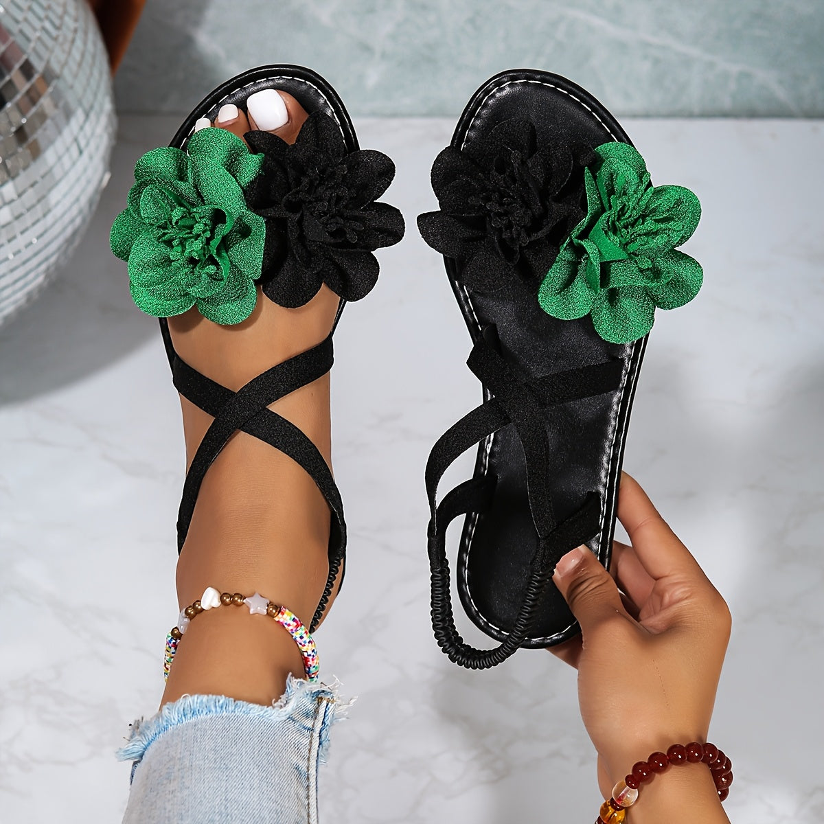 Women’s 3D Floral Cross Strap Sandals Open-Toe Slip-On Casual Formal