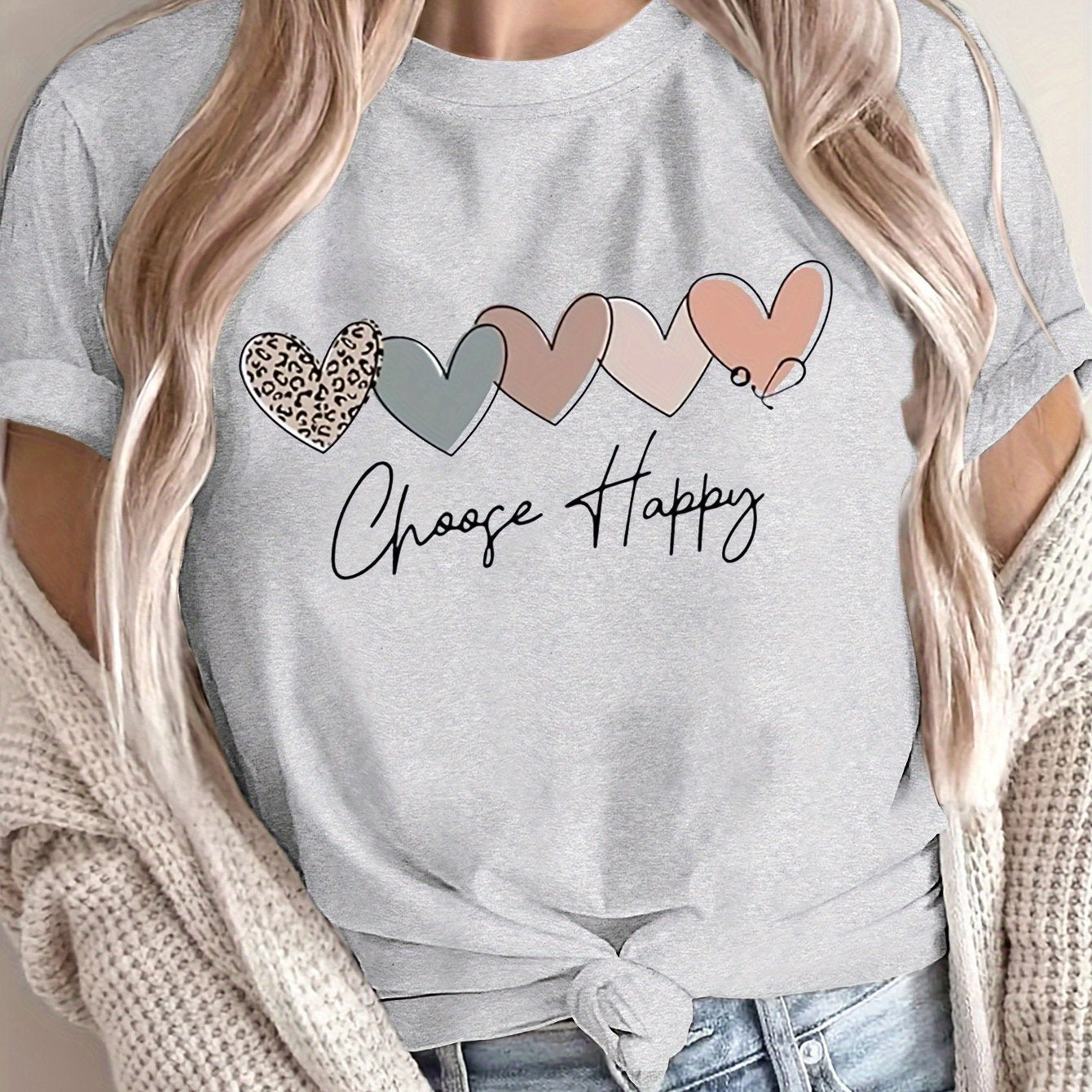 Plus Size Heart Letter Print T-Shirt Casual Short Sleeve Top for Spring and Summer