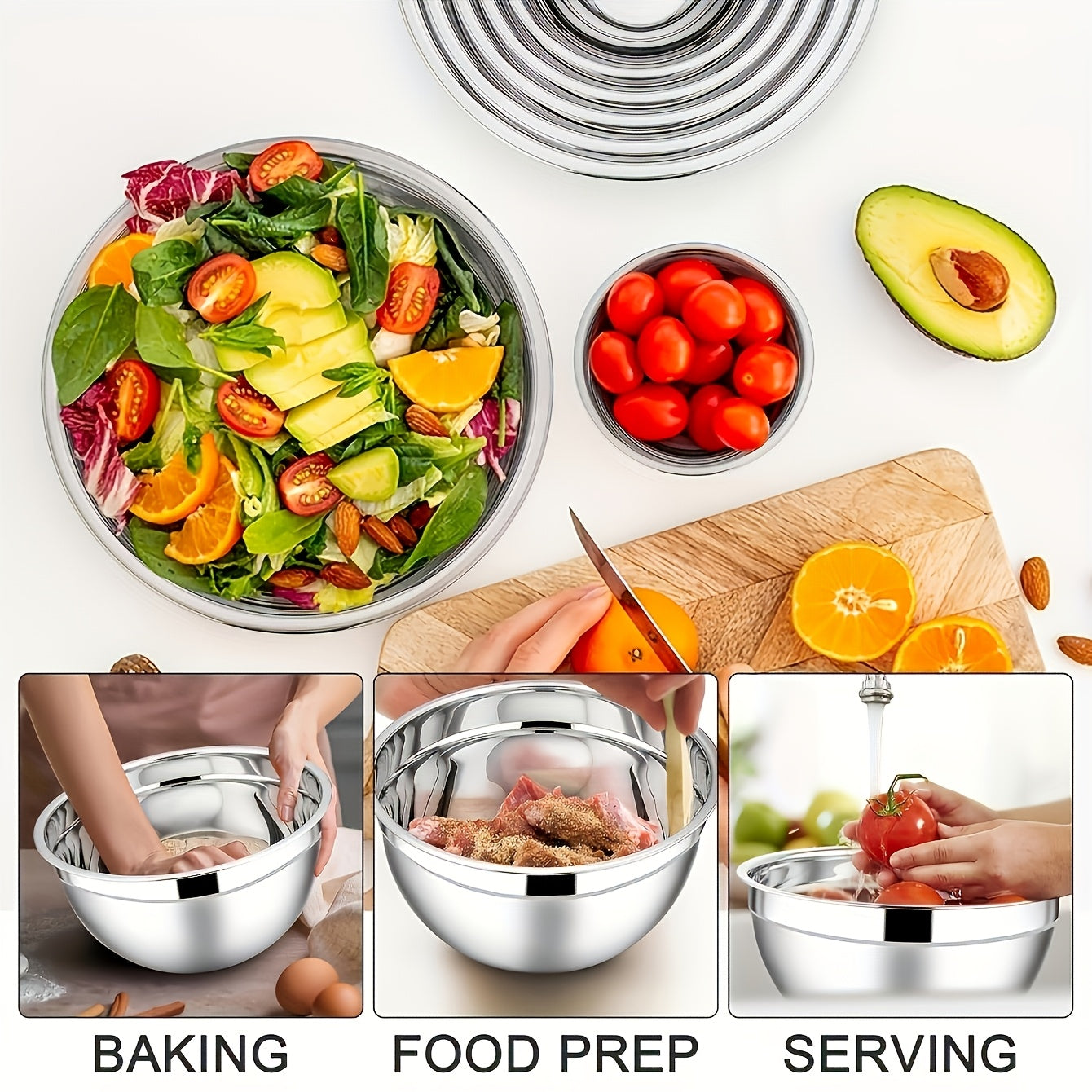 Set of 7 Stainless Steel Mixing Bowls with Black Lids and Flossing Tools
