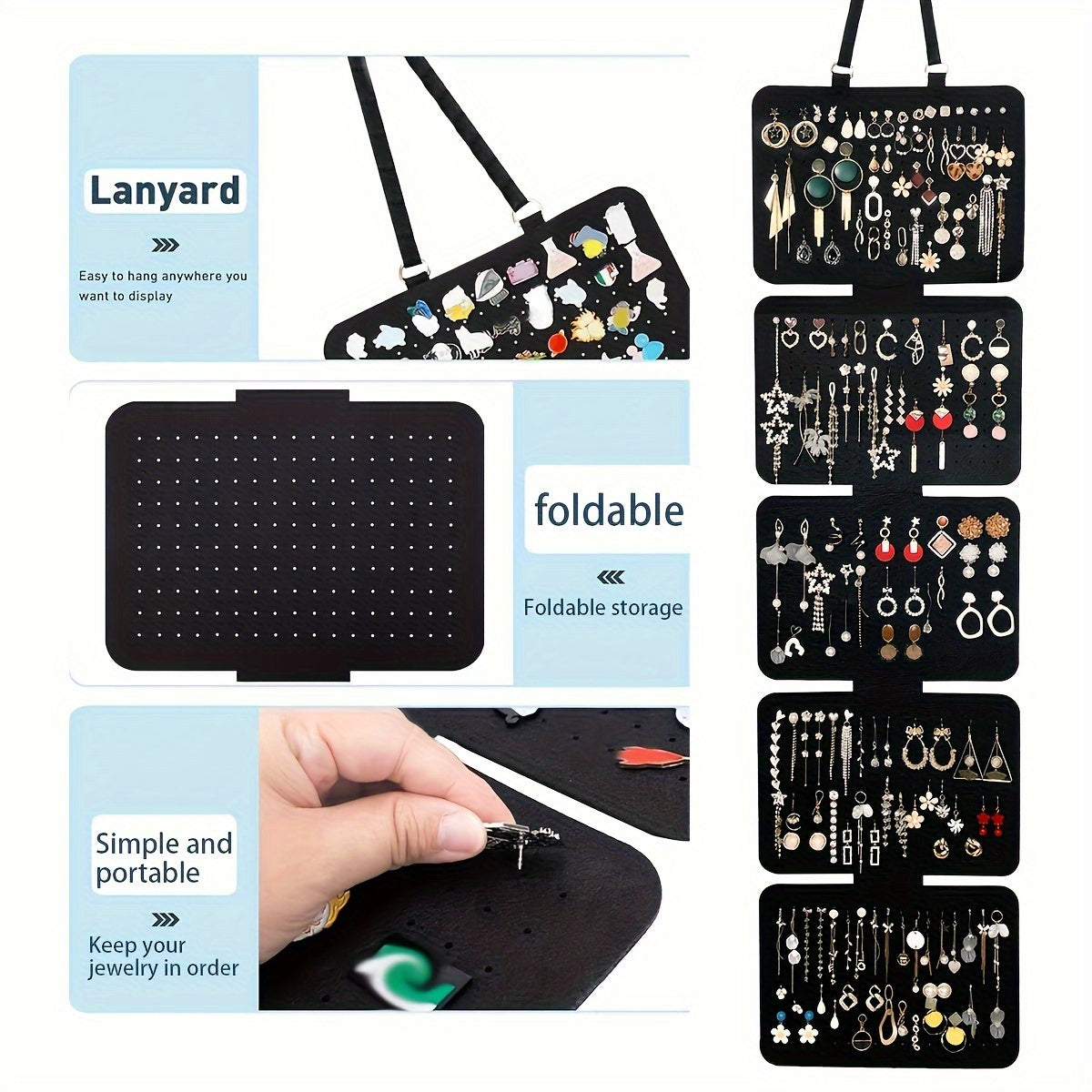 Black Felt Jewelry Organizer 5-Tier Hanging Storage Bag for Earrings Necklaces Bracelets