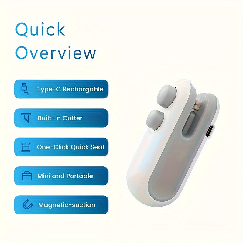 Mini portativ oziq-ovqat yopish uchun kesgichli, USB bilan qayta zaryadlanadigan chiplar va plastik paketlar uchun