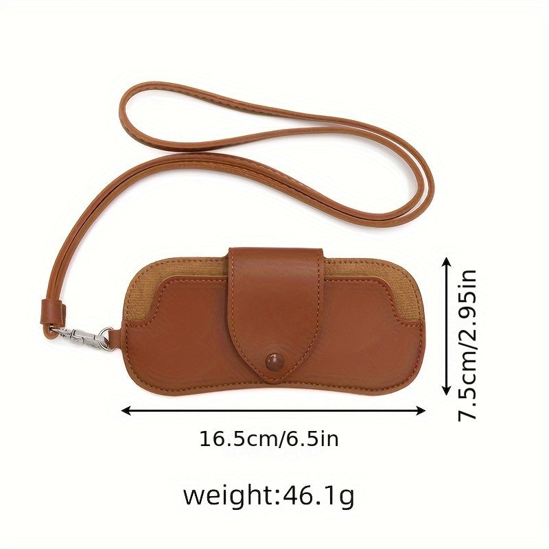 Unisex Brown Black PU Leather Eyeglass Case with Neck Strap and Holder