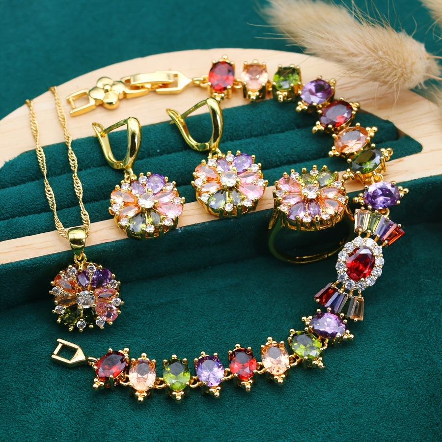 Juego de joyería de 5 piezas con zirconia cúbica chapada en oro para bodas y celebraciones