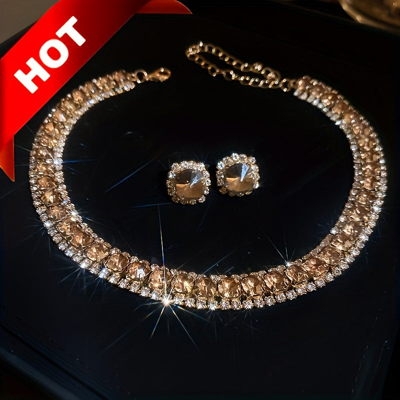 Emerald Crystal Jewelry Set for Women Necklace and Earrings Silver Plated Party Everyday