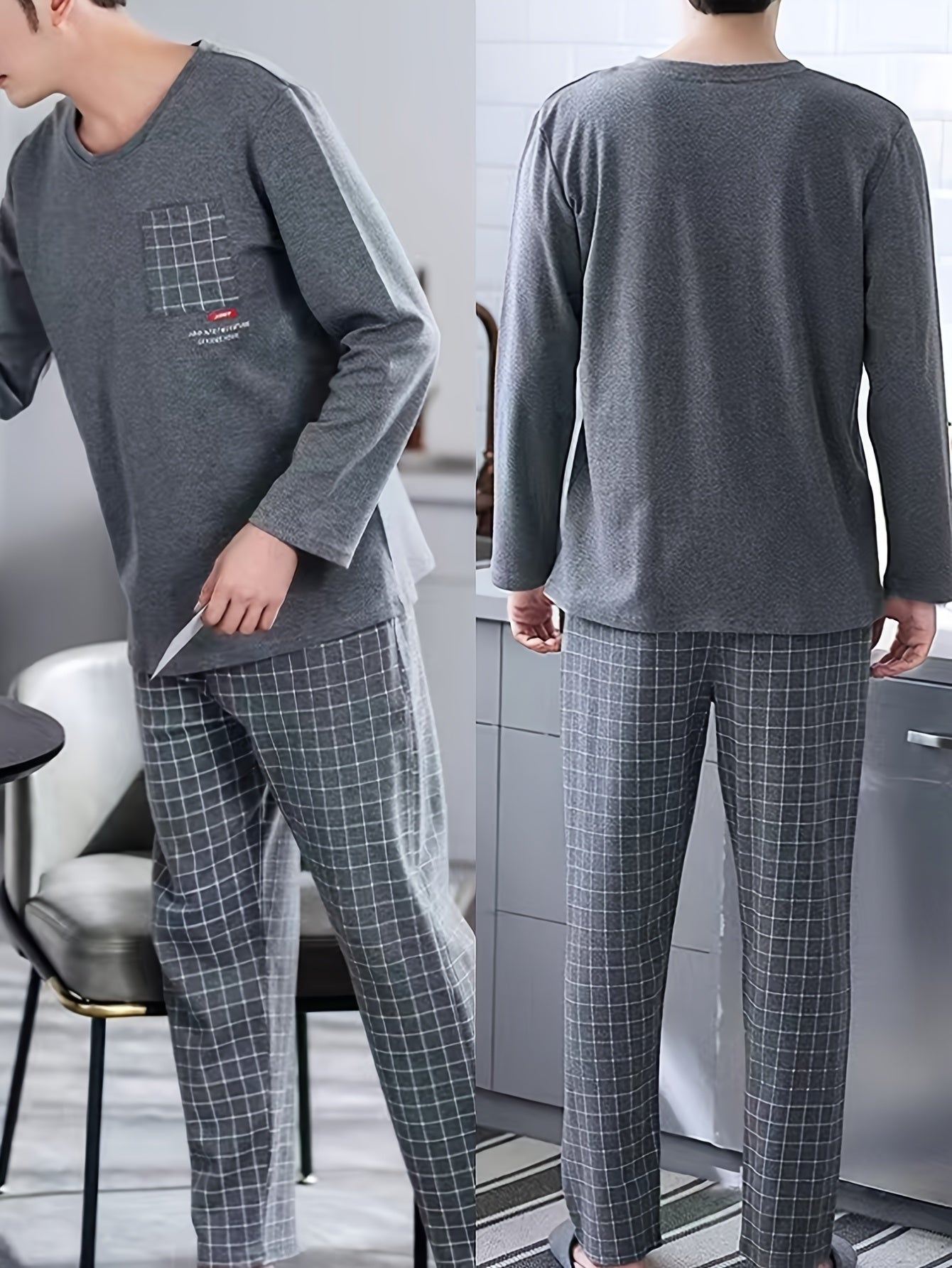 Conjunto de pijama de manga larga para hombre con patrón geométrico, mezcla de poliéster, casual, para primavera y otoño
