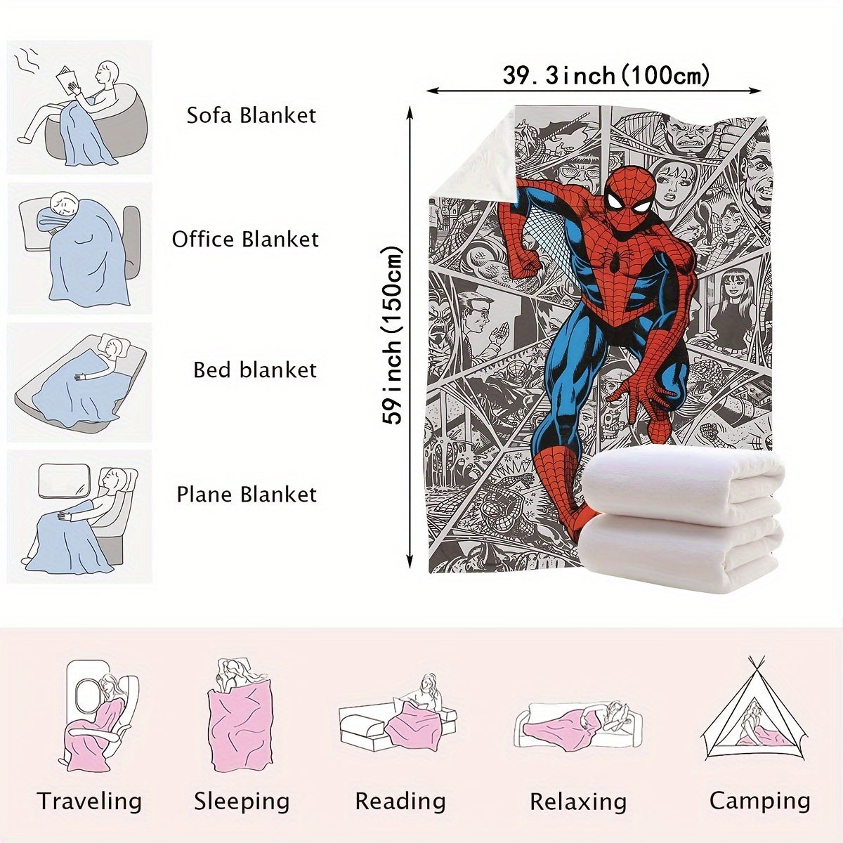 Multifunctional Plush Blanket with Spider-Man City Chase Comic Pattern for Kids and Adults