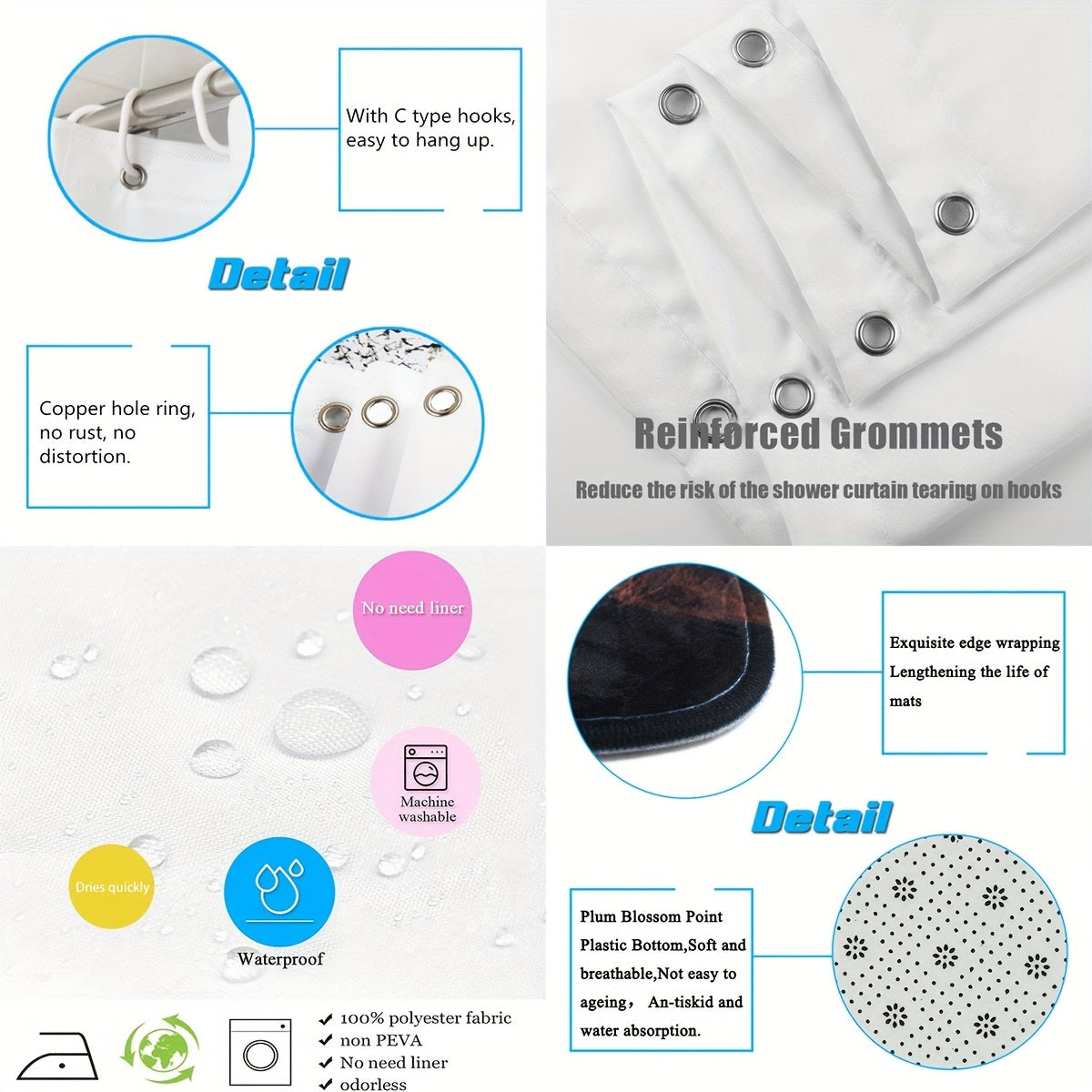 Marble Texture Shower Curtain Set with Black White Gold Crack Pattern Includes Hooks Bathroom Accessories