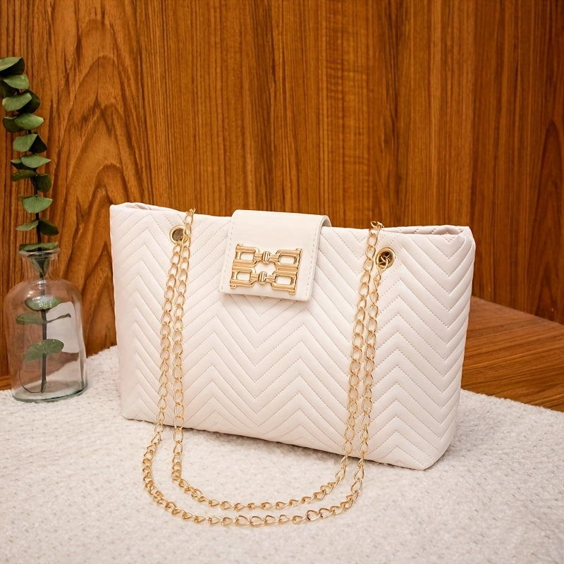 Retro Tote Bag for Women with Magnetic Closure Chevron Pattern Crossbody Shoulder Bag in Black White Light Brown