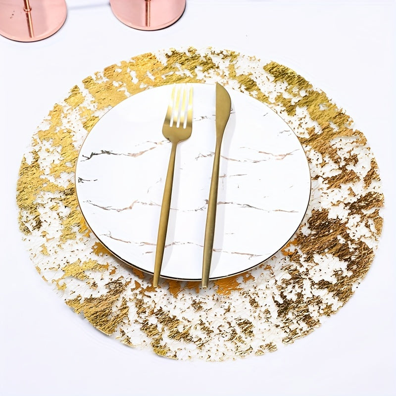 6pcs Gold Foil Round Polyester Placemats 33cm for Christmas and Special Occasions