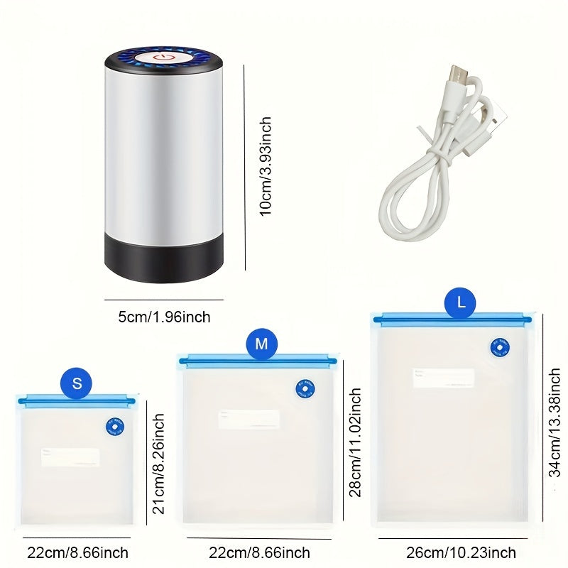 Qayta to'ldiriladigan batareyali va 3 ta zipli sumka o'lchamlari bilan elektr vakuum yopishtiruvchi oziq-ovqatni saqlash uchun