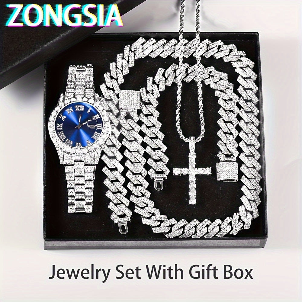 Men's Watch and Jewelry Set with Cuban Chain Necklace and Bracelet