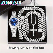 Men's Watch and Jewelry Set with Cuban Chain Necklace and Bracelet